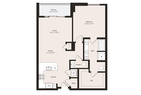 Deco A3-2 floor plan 1 bedroom 1.5 bathrooms 976 square feet